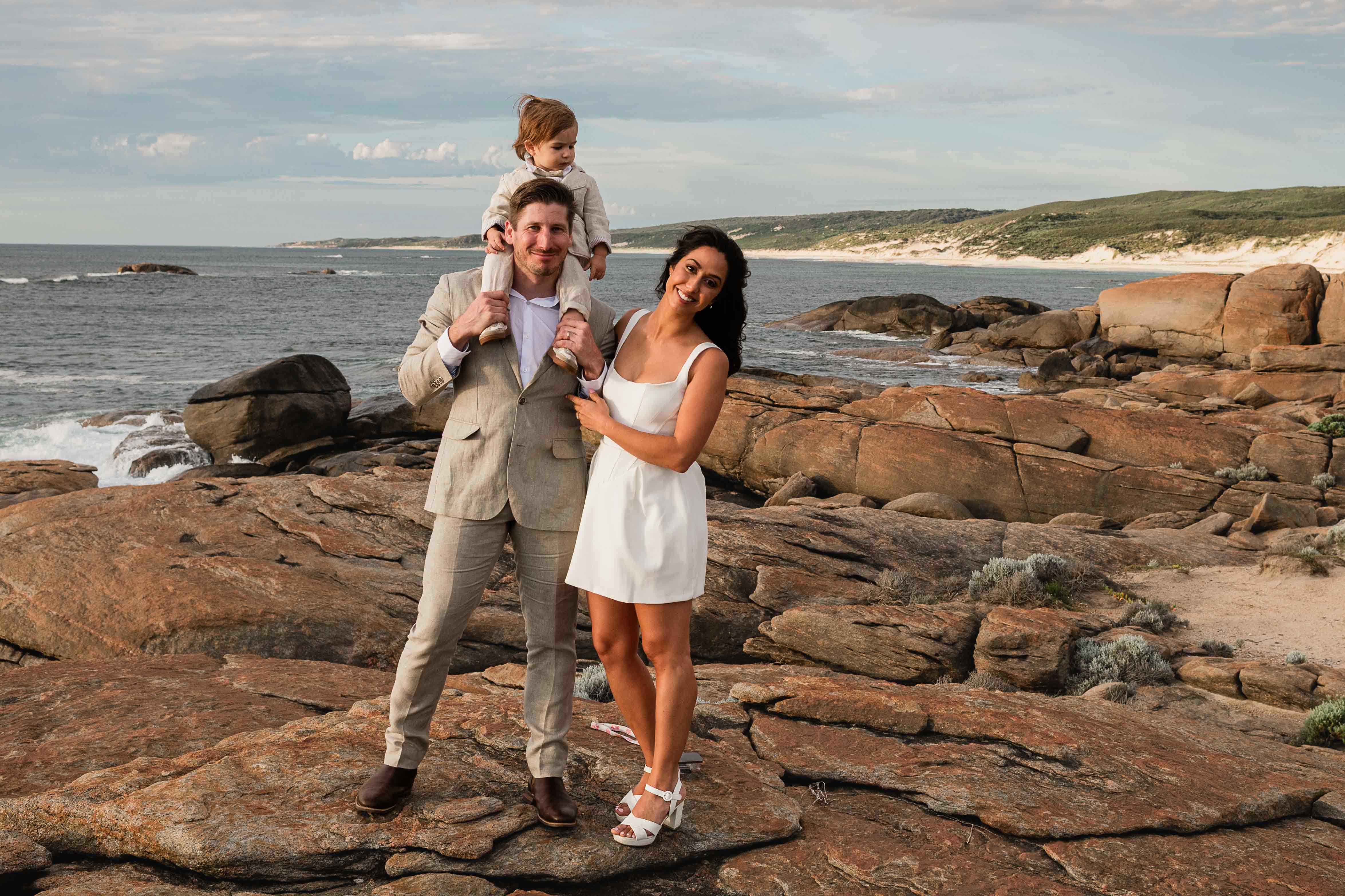 James, Sarah and their son Arlo during their family elopement at Redgate Beach, Margaret River