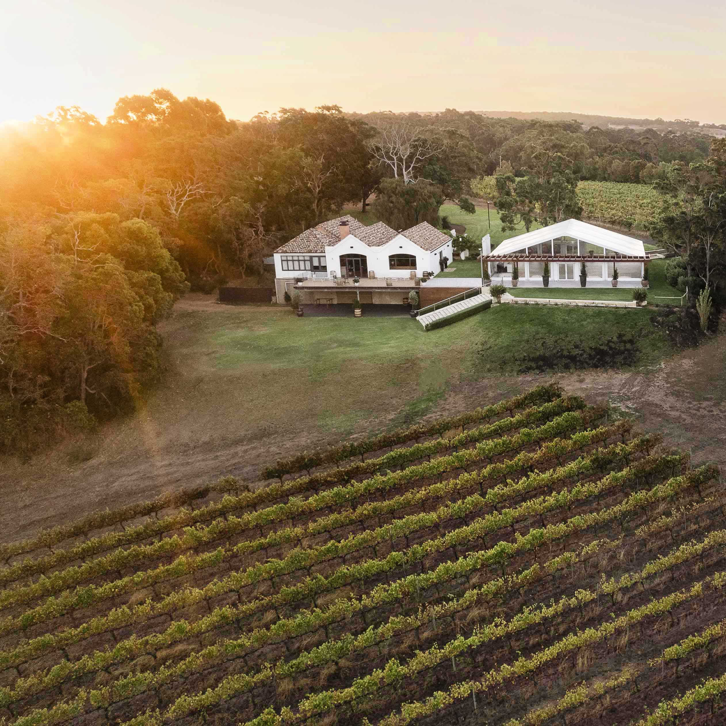 Aerial drone photography of Credaro Estate winery at sunset in Margaret River by commercial hospitality photographer John Rice