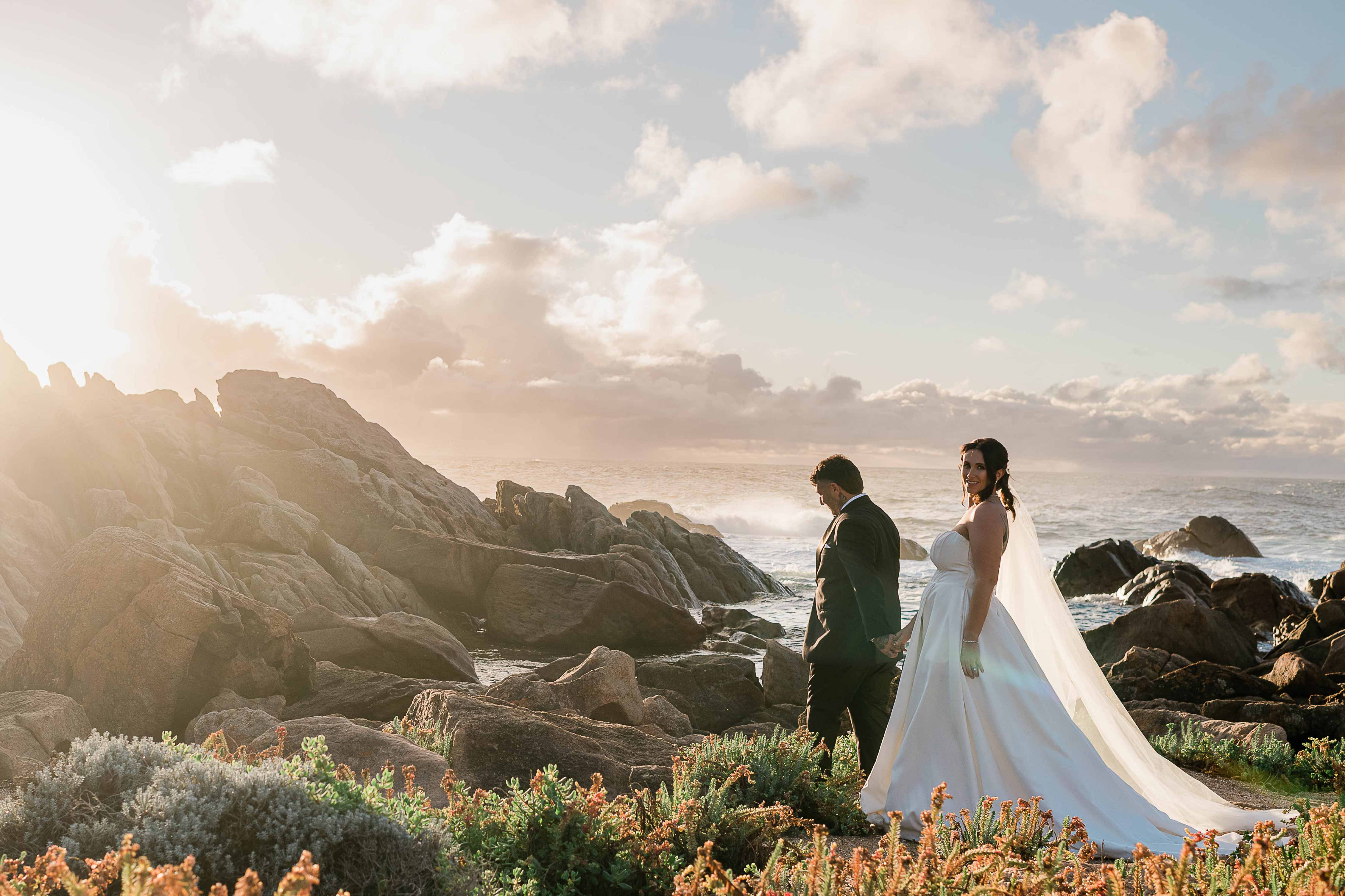 Bina Maya Yallingup Escape wedding couple at Wyadup Rocks, bride looking back during golden hour portraits
